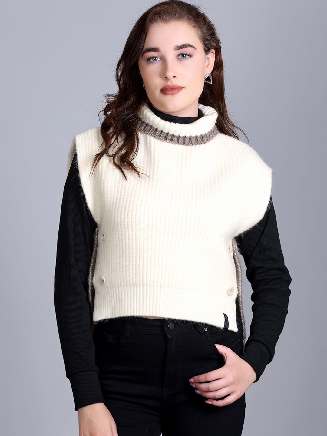 

513 Women Woollen Crop Poncho, Cream