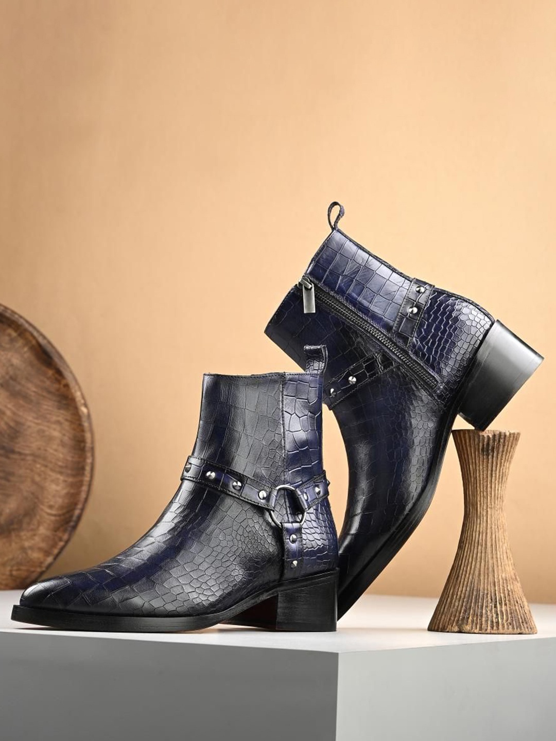 

MILLE DOLLARI Men Leather Cowboy Boots, Navy blue