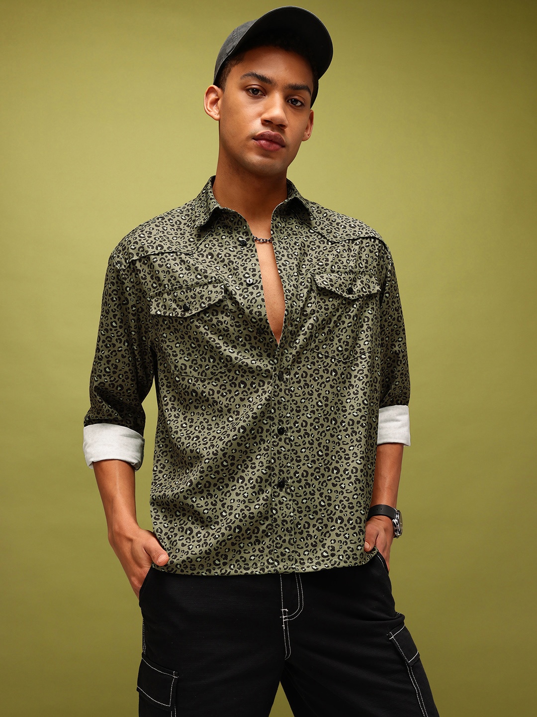 

glitchez Jungle Pulse Animal Print Loose Fit Shirt, Green