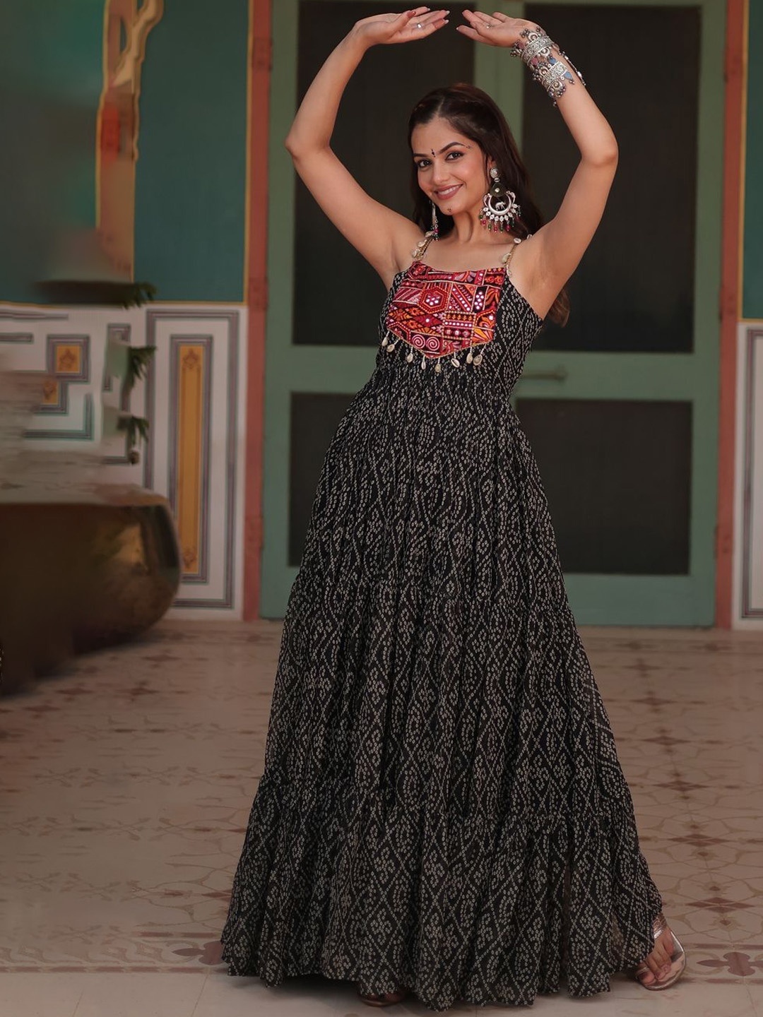 

KALINI Bandhani Printed Halter Neck Ethnic Dress, Black