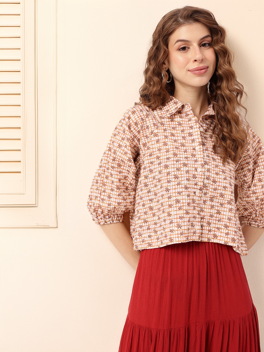 

DressBerry Effortless Core Checks & Floral Printed Boxy Crop Shirt, Brown