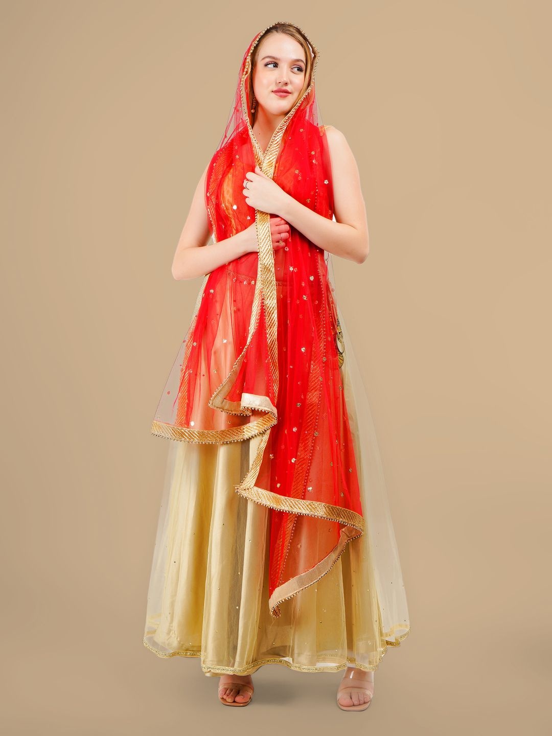 

Karthav Fashion Floral Embroidered Dupatta With Sequinned, Red