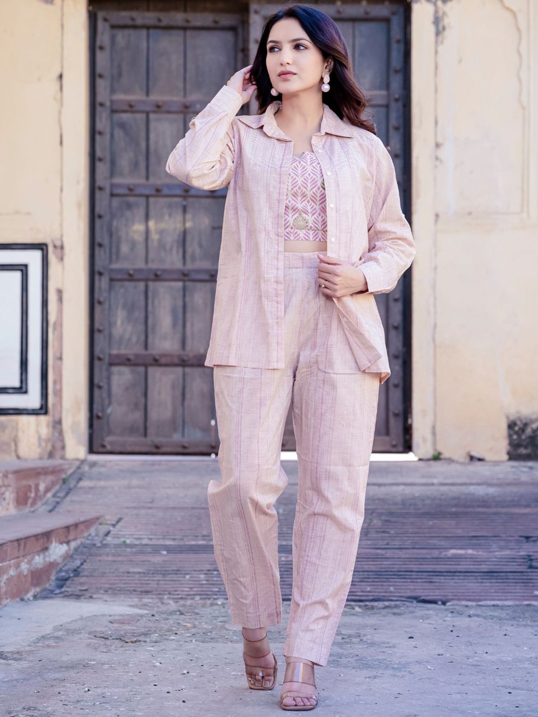 

SAADGEE Printed Long Sleeves Pure Cotton Shirt With Trousers & Top, Pink