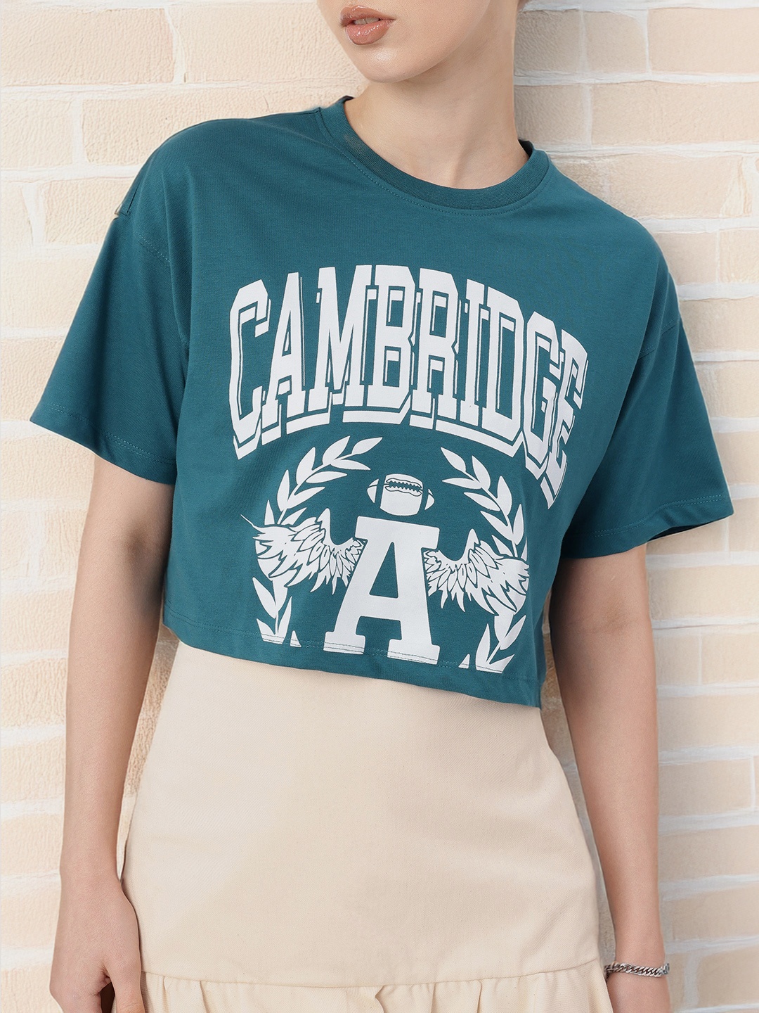 

DressBerry Street Grunge Aesthetic Typography Printed Boxy Crop T-shirt, Teal