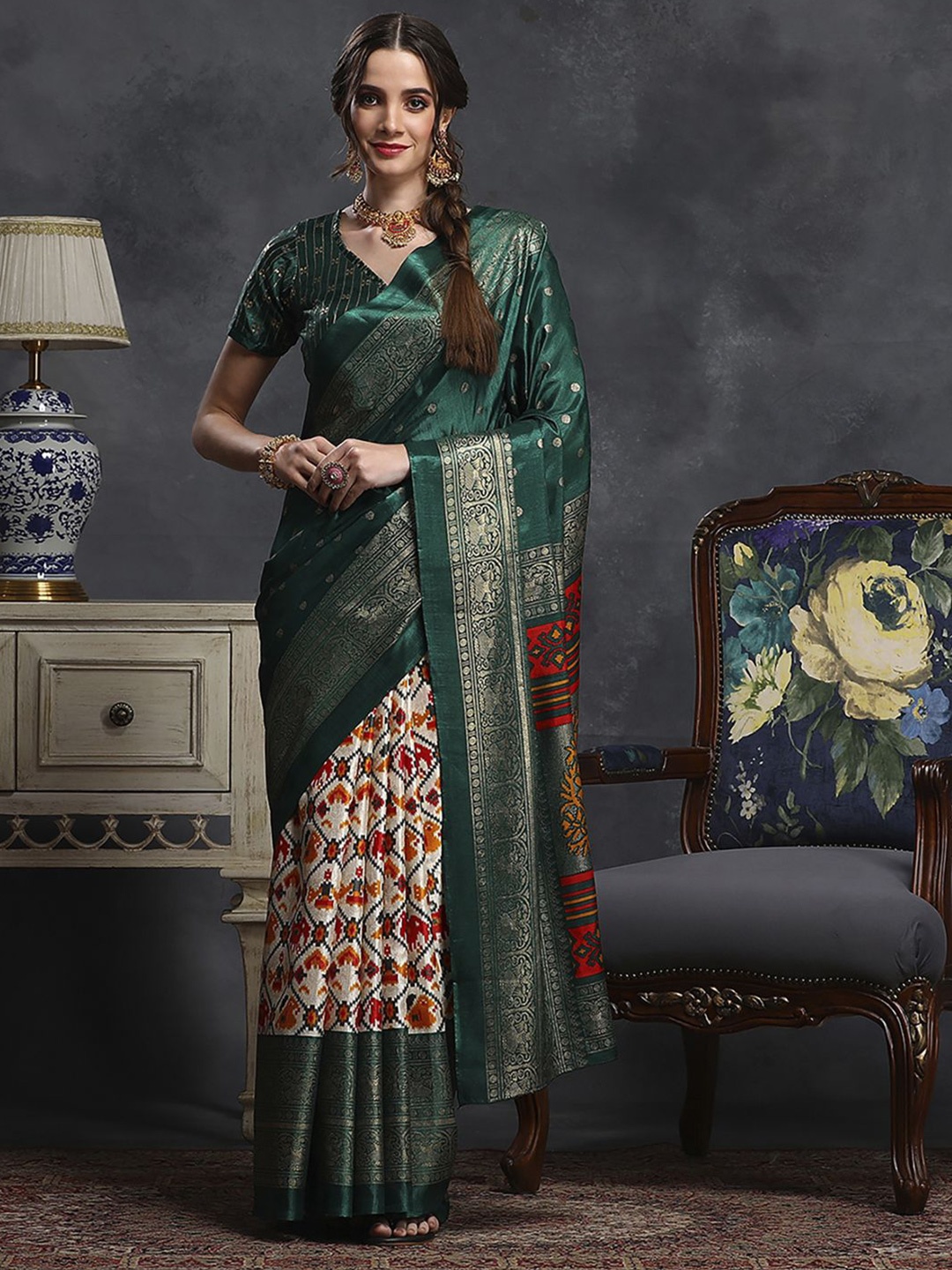 

Anouk Rustic Woven Design Zari Silk Blend Ikat Saree, Green