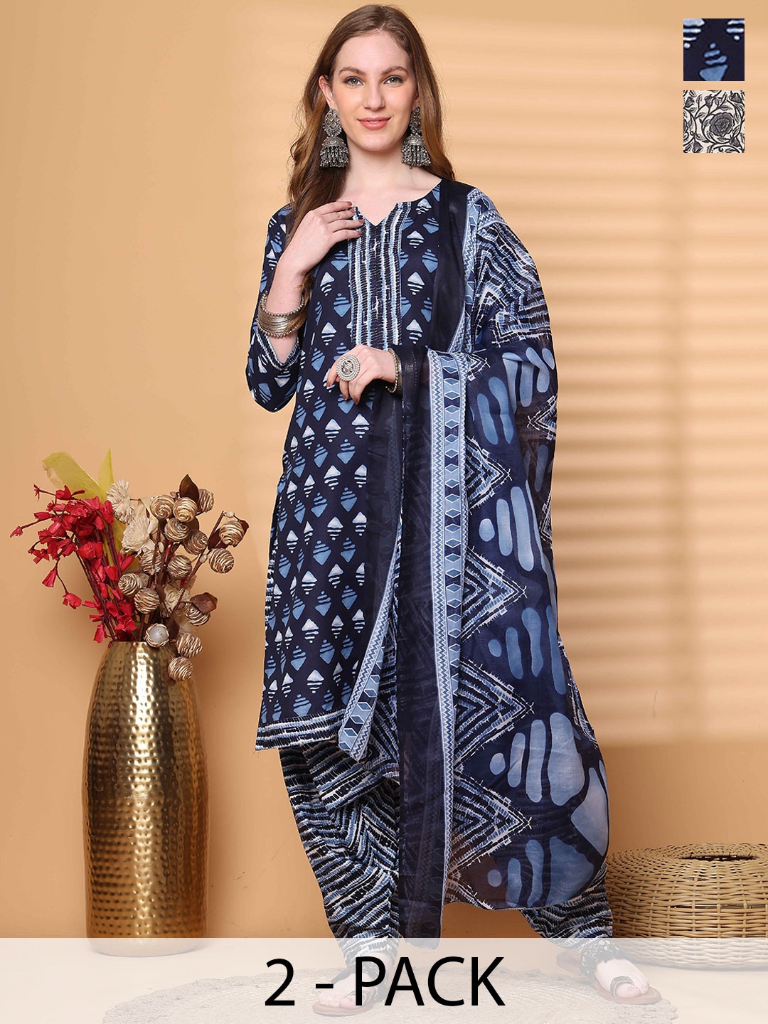 

KALINI Selection Of 2 Geometric Printed Notch Neck Kurta With Salwar & Dupatta, Navy blue