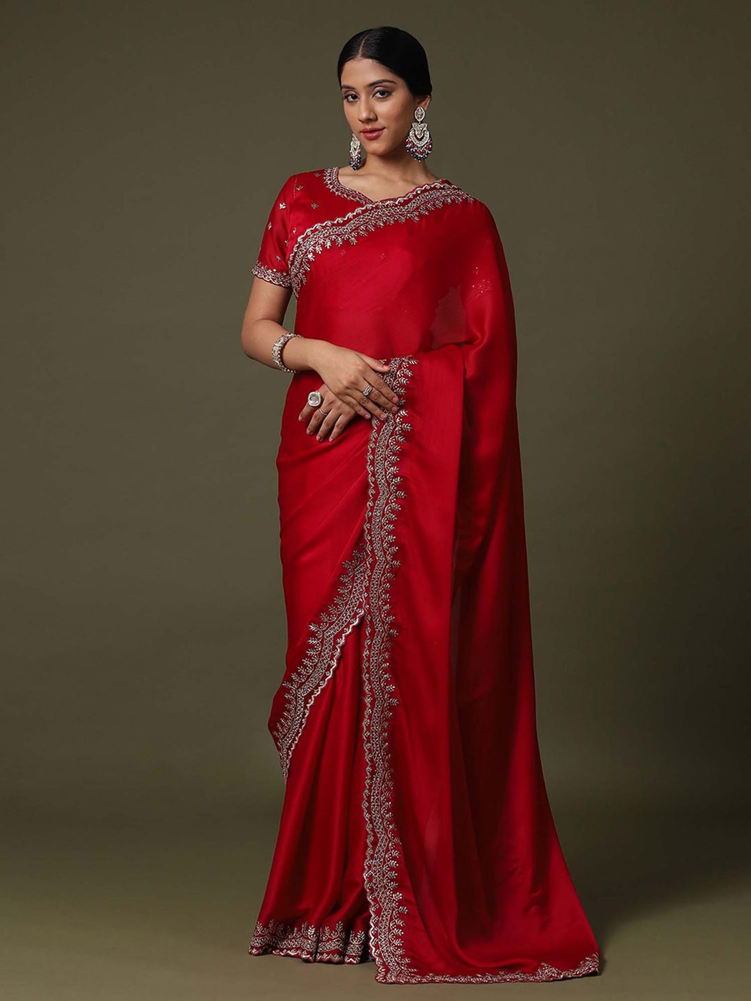 

Saree mall Sequinned Satin Sarees, Red