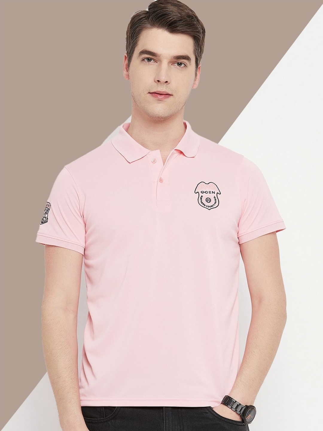 

OGEN Men Polo Collar Applique T-shirt, Pink