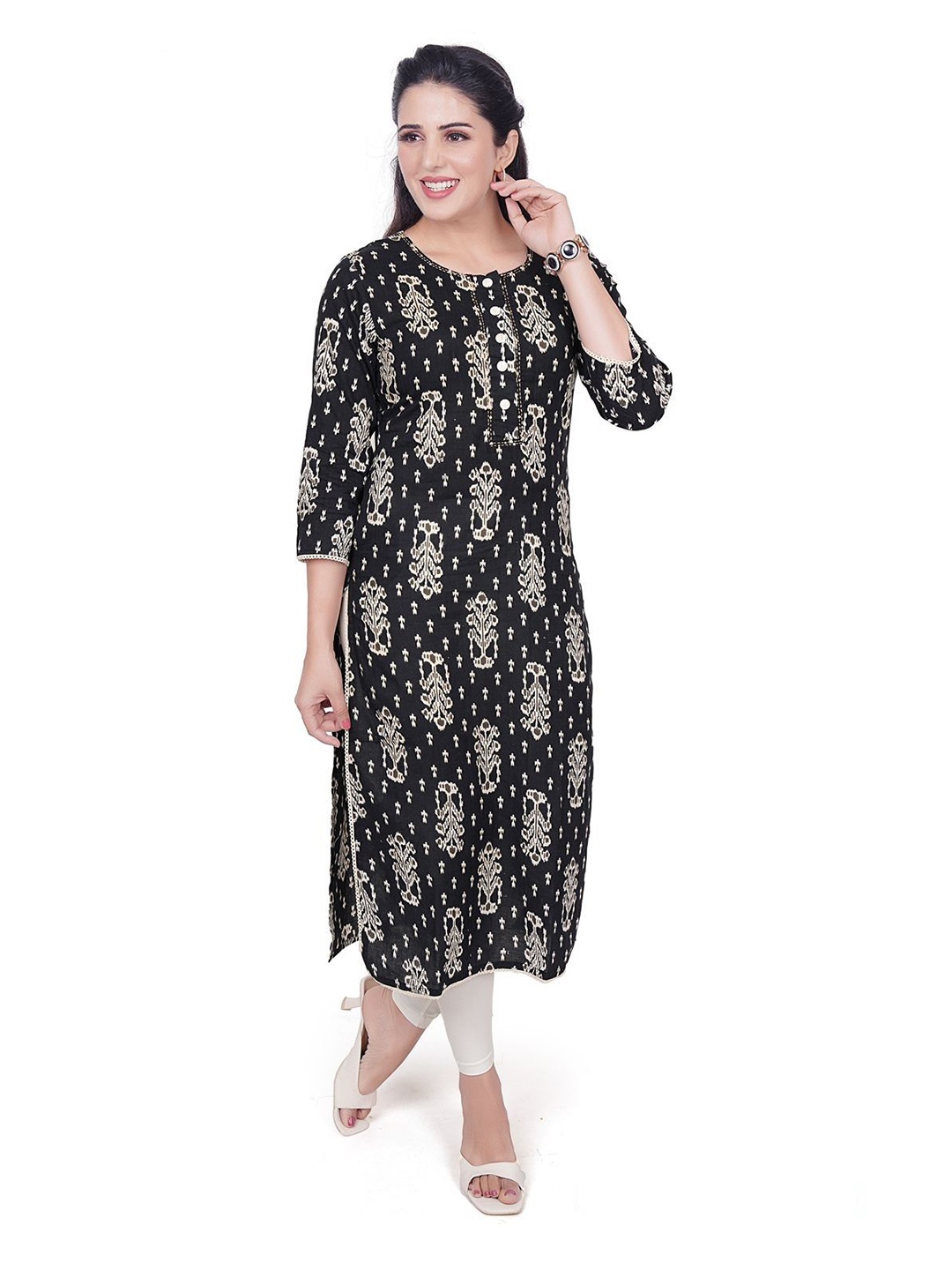 

KRITHA Geometric Ikat Printed Pure Cotton Straight Kurta, Black