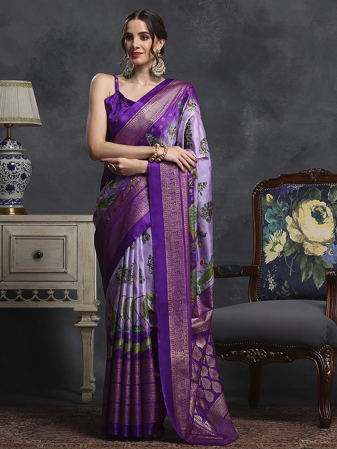

Mitera Floral Zari Silk Blend Bagh Saree, Lavender