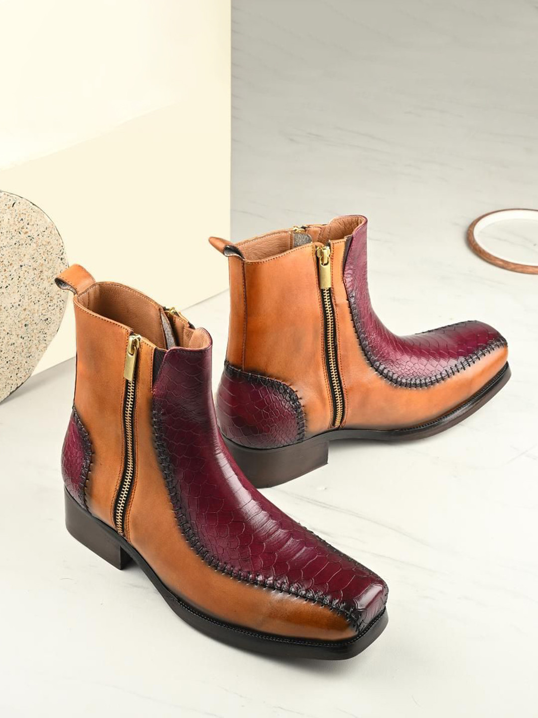

MILLE DOLLARI Men Casual Dual-Tone Broad Toe Boots, Brown