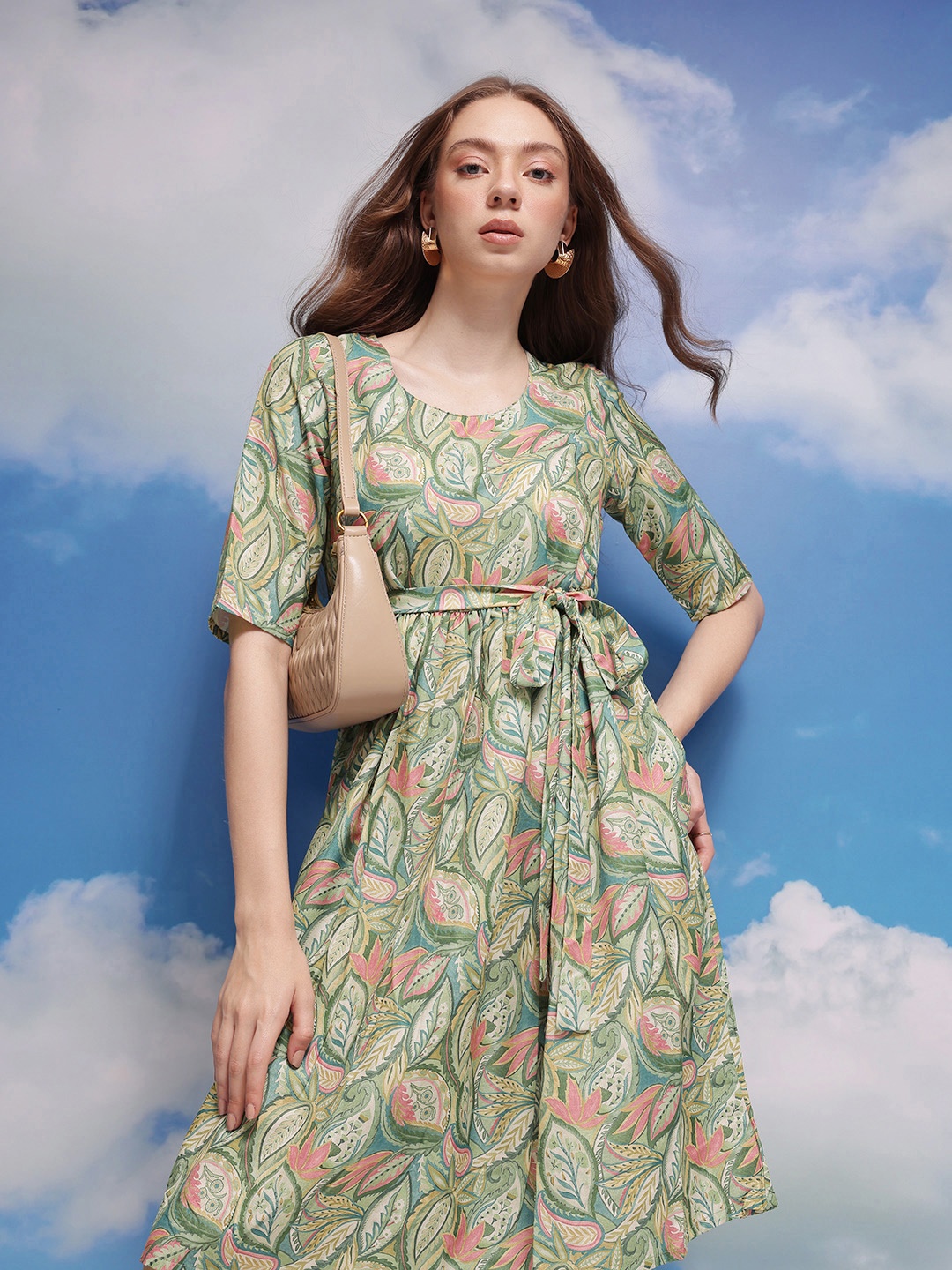 

CORSICA Tropical Print Tie-Ups A-Line Dress, Green