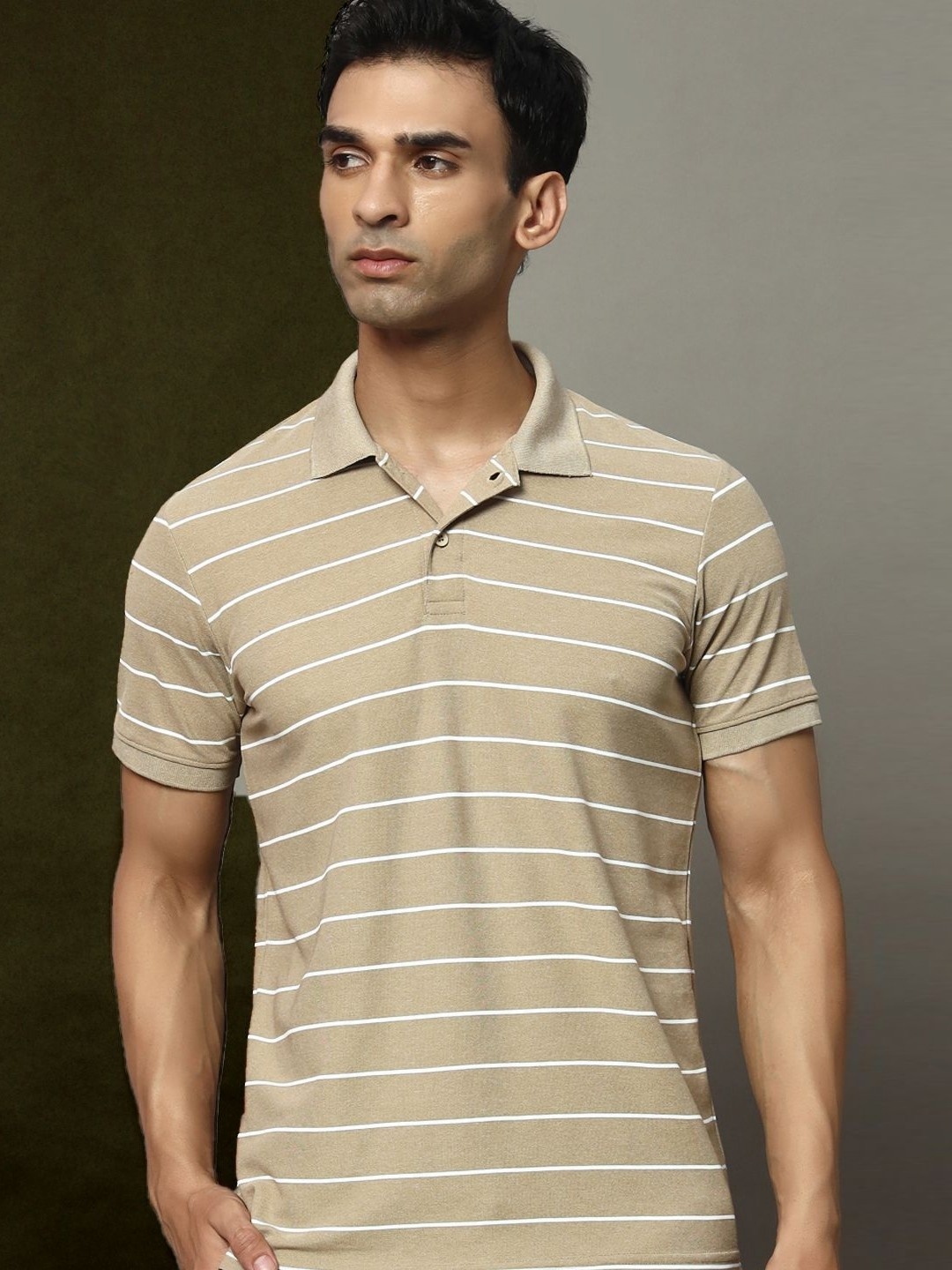 

OGEN Men Striped Polo Collar Pockets T-shirt, Beige