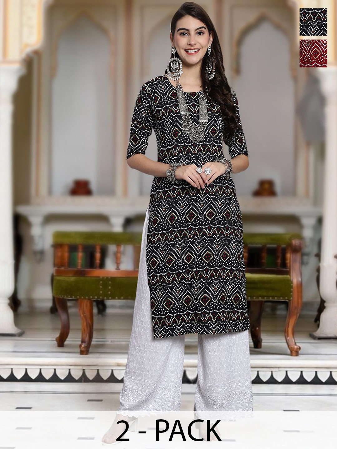 

Moda Rapido Selection Of 2 Bandhani Printed Round Neck Straight Kurtas, Black
