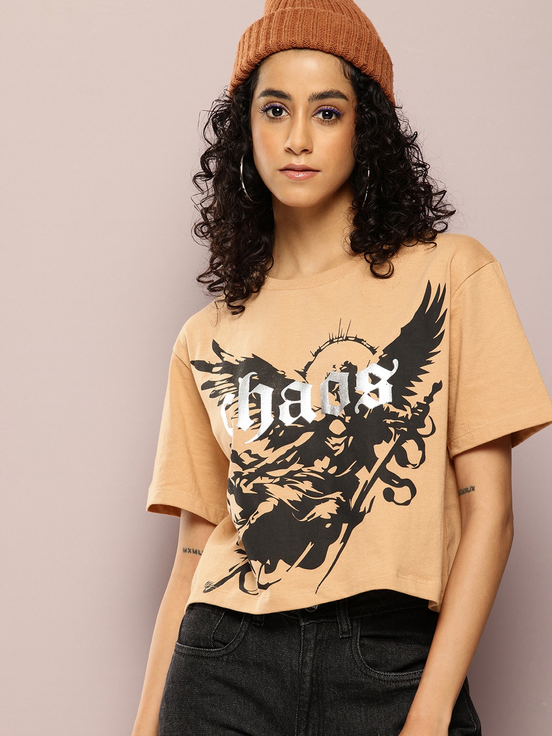 

Kook N Keech Printed Drop-Shoulder Sleeves Oversized T-shirt, Beige
