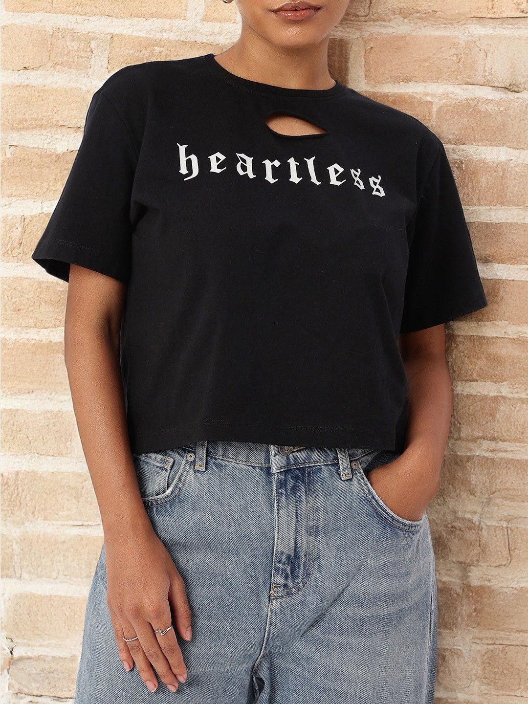 

DressBerry Hard Edged Cut Out Printed Relaxed Fit T-shirt, Black