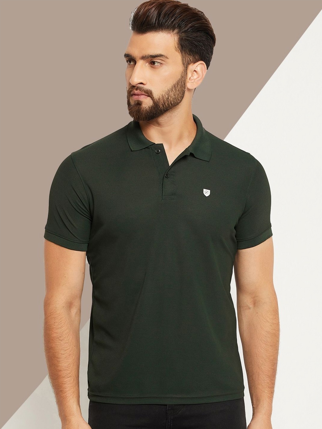 

OGEN Men Polo Collar Extended Sleeves T-shirt, Olive
