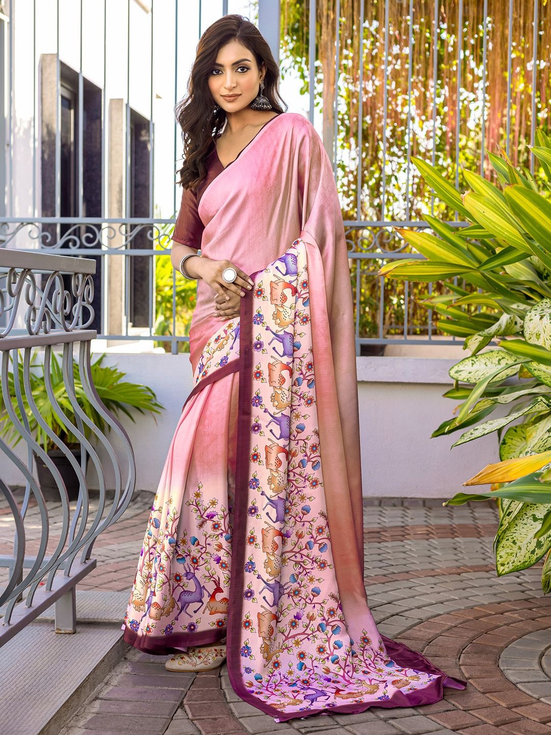 

Mitera Kalamkari Satin Muga Saree, Peach