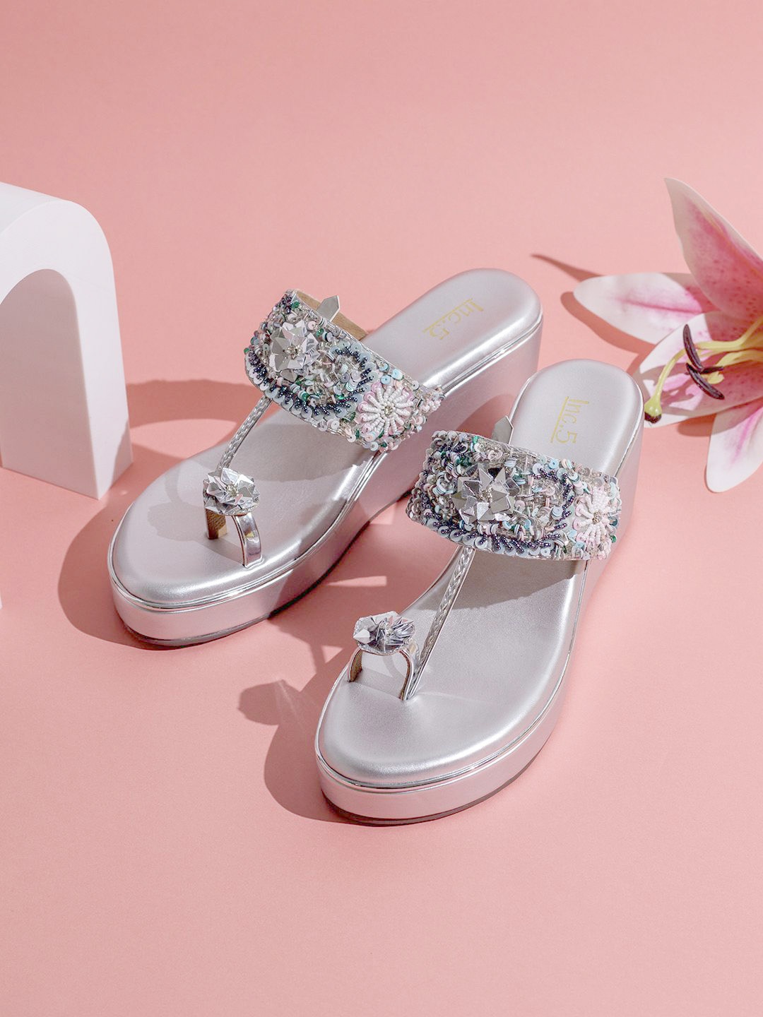 

Inc 5 Embellished Ethnic Wedge Sandals, Silver