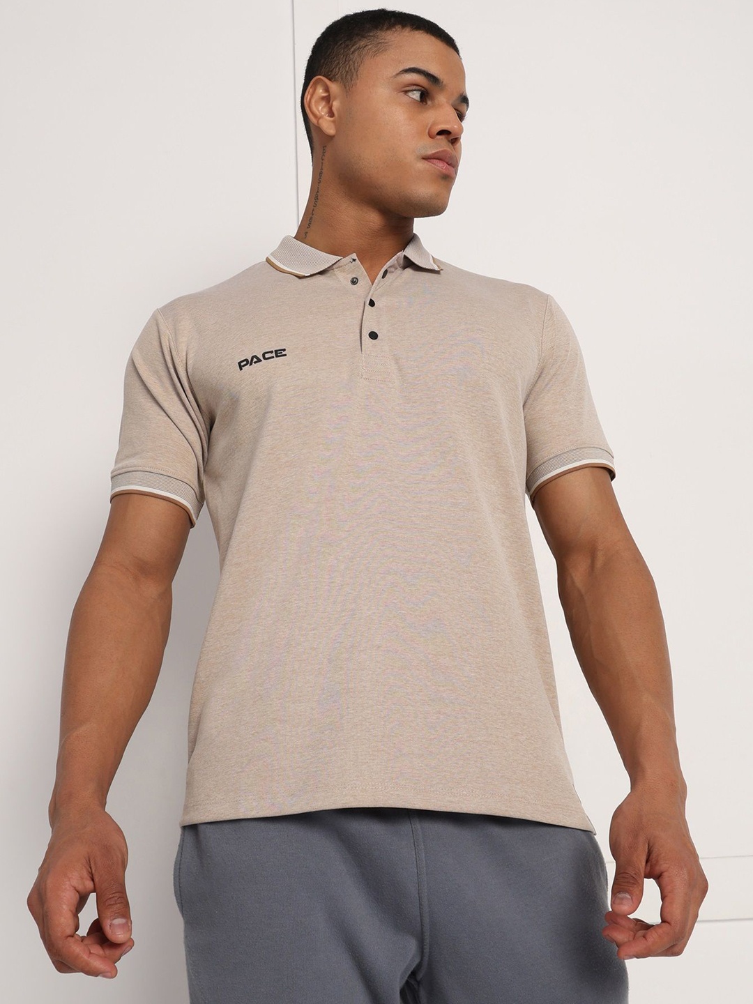 

Pace International Men Polo Collar Applique T-shirt, Beige