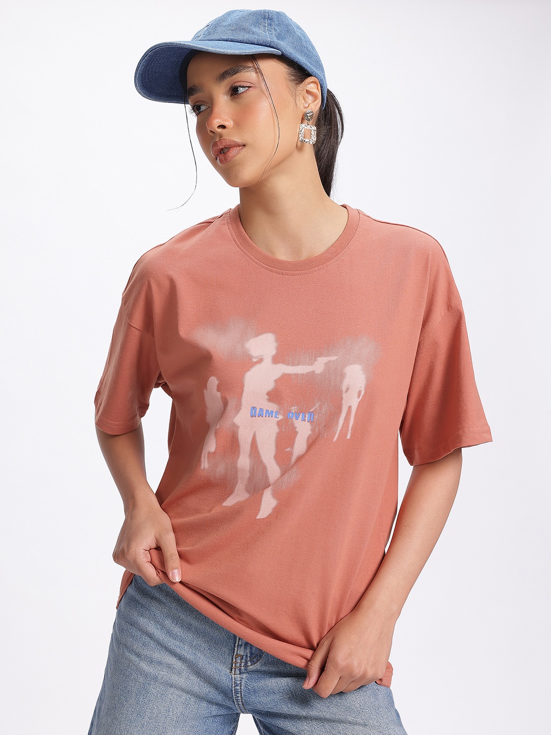 

glitchez Graphics Fun Print Drop-Shoulder Sleeves Oversized T-shirt, Rust