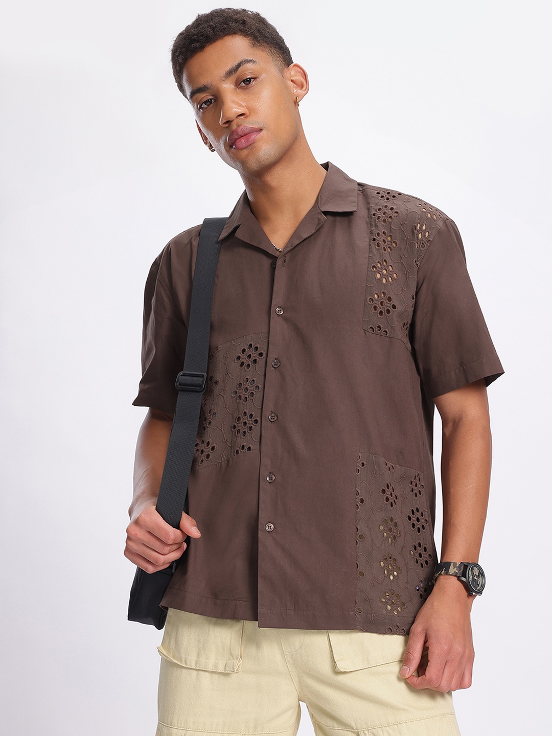 

glitchez Fanstastic Schiffli Embroidered Pure Cotton Relaxed Fit Shirt, Brown