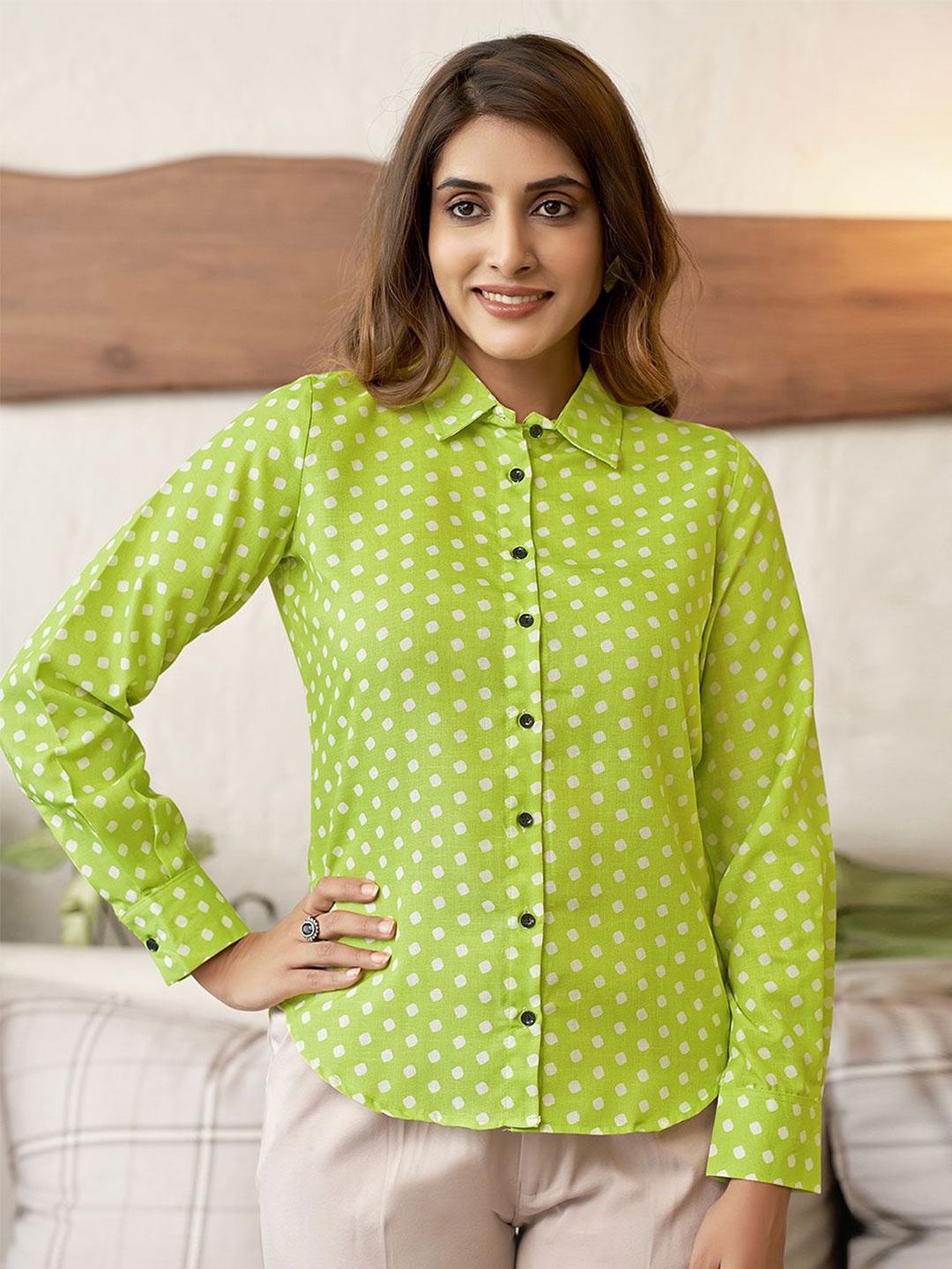 

Moda Rapido Women Polka Dot Opaque Printed Casual Shirt, Green
