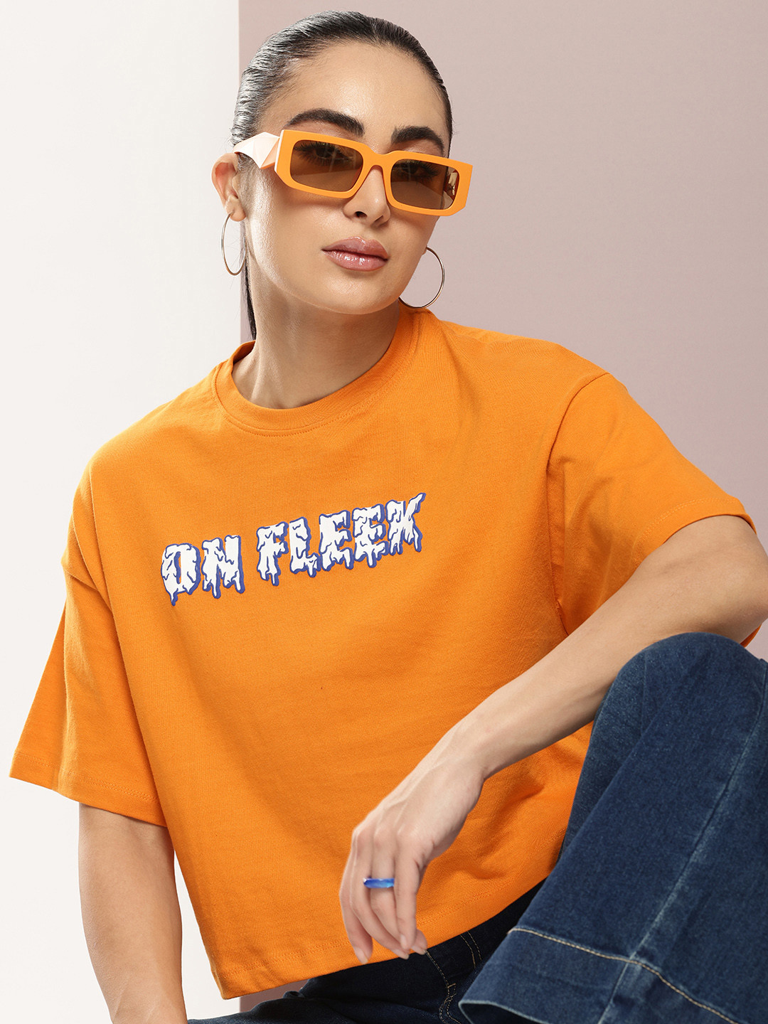 

Kook N Keech Typography Printed Drop-Shoulder Sleeves Pure Cotton Boxy T-shirt, Orange