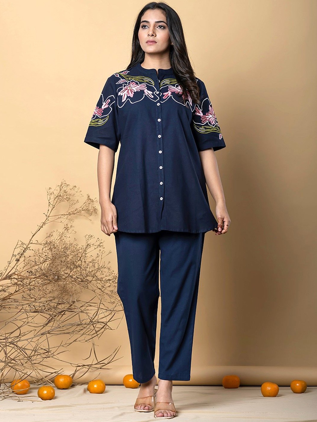 

AUTUMN LANE Floral Embroidered Mandarin Collar Pure Cotton Shirt With Trouser, Navy blue