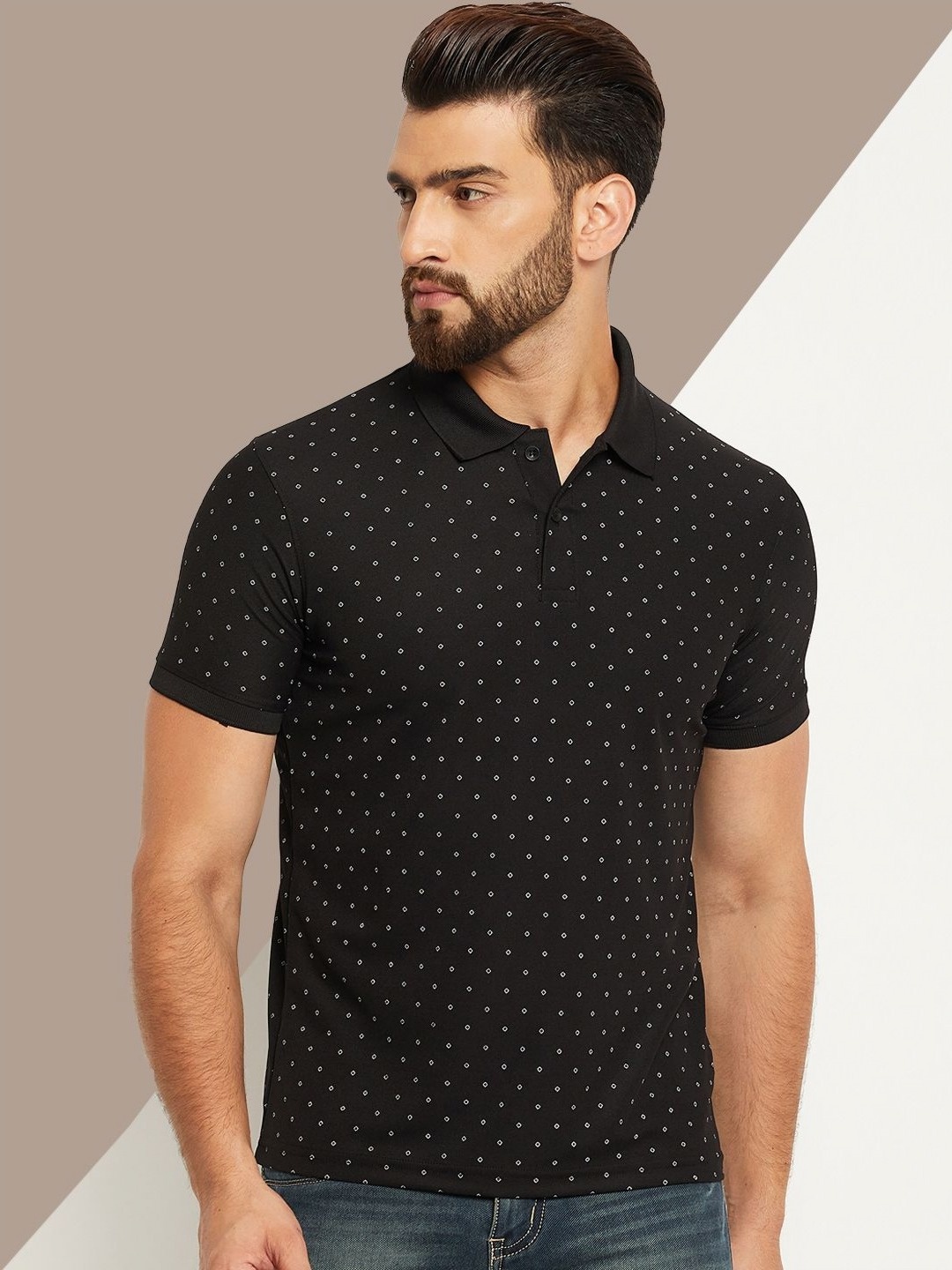 

OGEN Men Printed Polo Collar Pockets T-shirt, Black