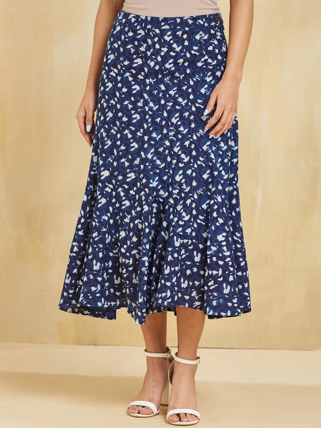 

Fabindia Hand Block Printed Cotton Flared Midi Skirt, Blue