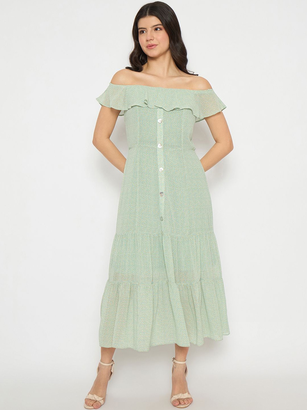 

Madame Off-Shoulder Flutter Sleeve A-Line Midi Dress, Green