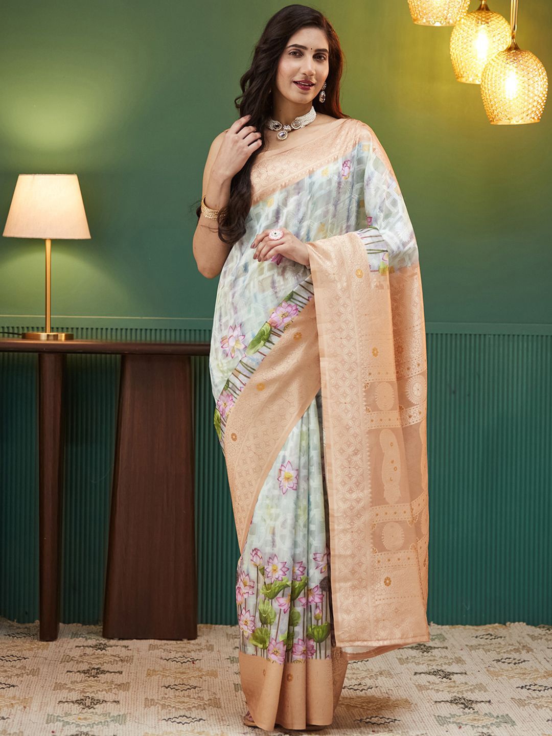 

all about you Floral Zari Silk Blend Saree, Beige