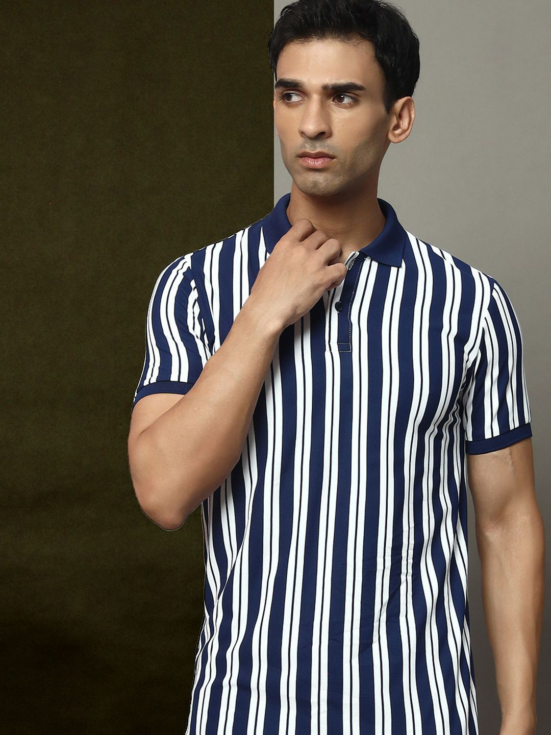 

OGEN Men Striped Polo Collar Pockets T-shirt, Navy blue