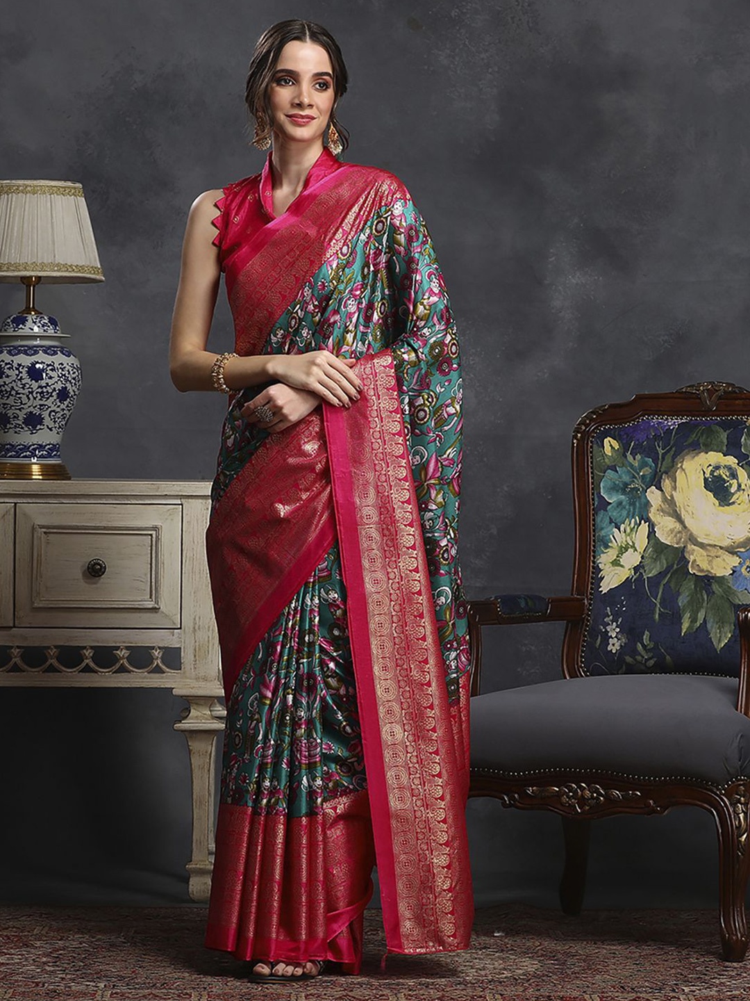 

Anouk Rustic Kalamkari Zari Silk Blend Sungudi Saree, Blue