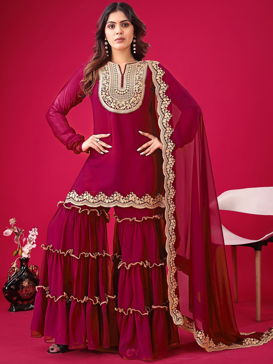 

HARI FASHION Women Embroidered Regular Sequinned Kurta with Sharara & With Dupatta, Pink