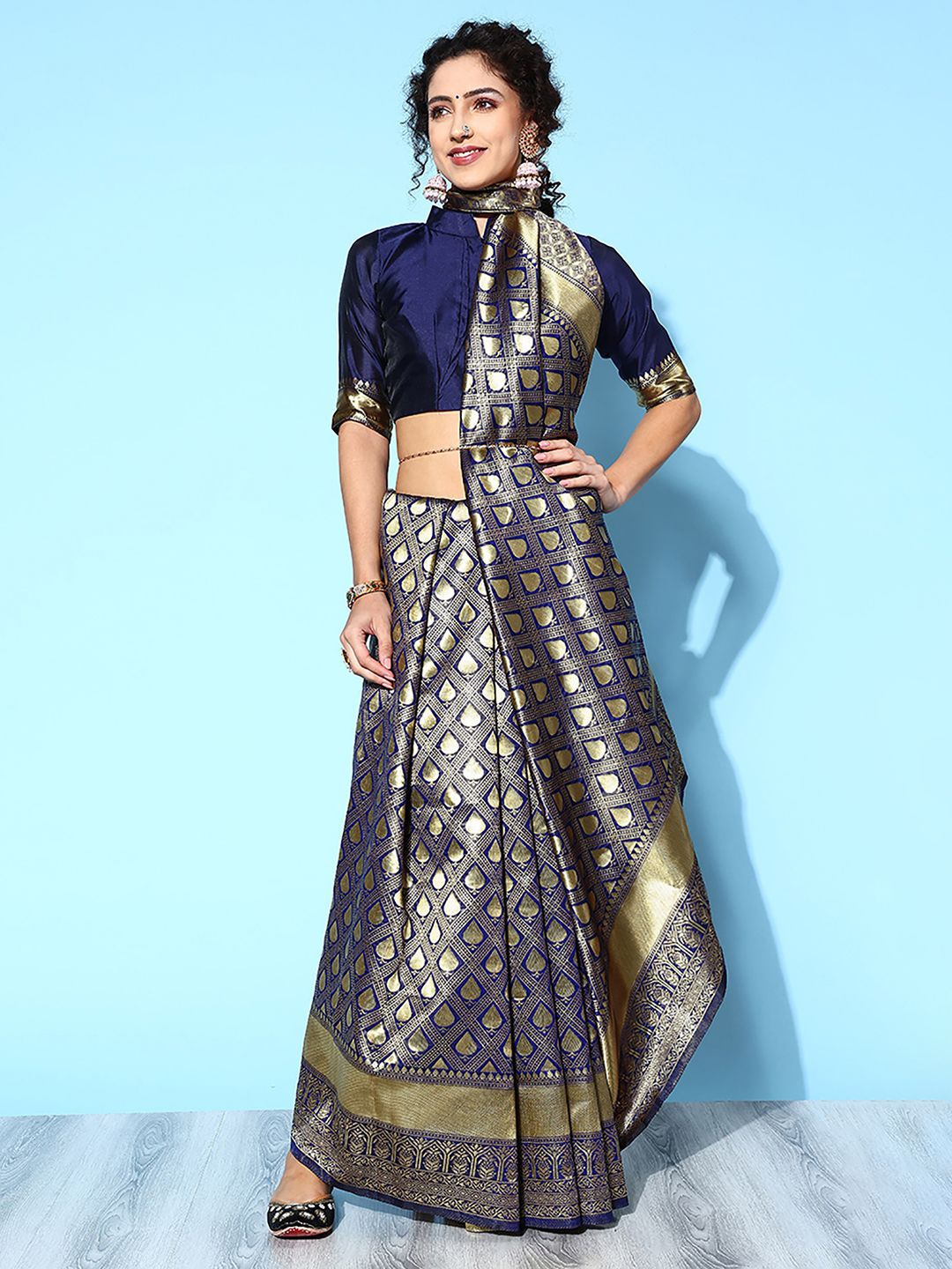

Anouk Rustic Woven Design Zari Silk Blend Dharmavaram Saree, Navy blue