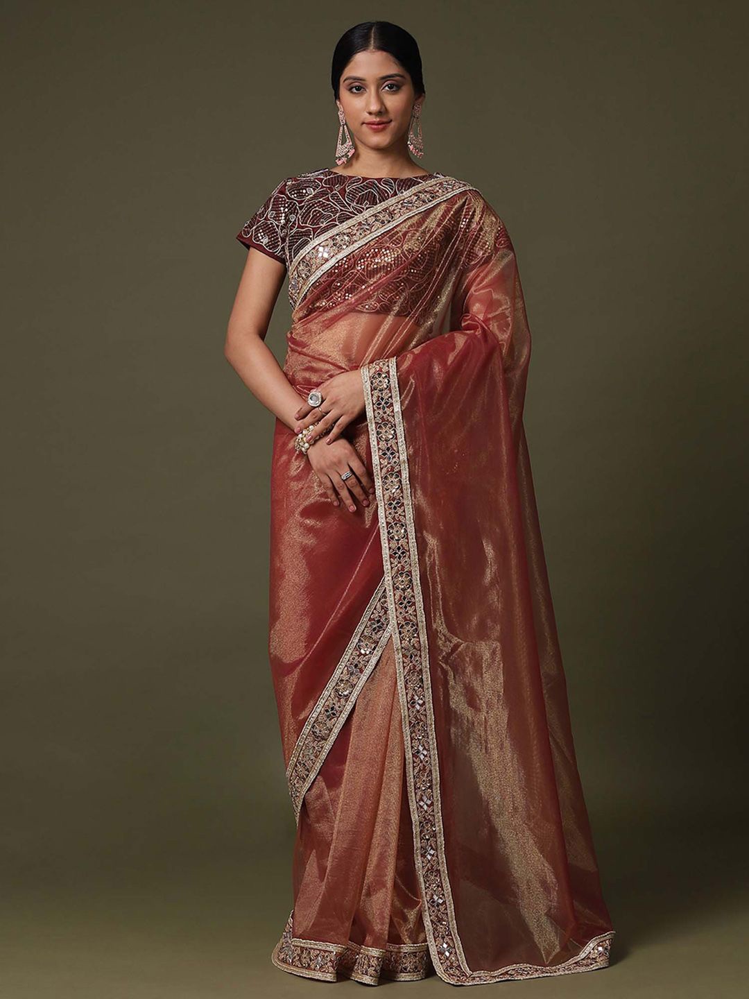 

Saree mall Mirror Work Net Sarees, Rust