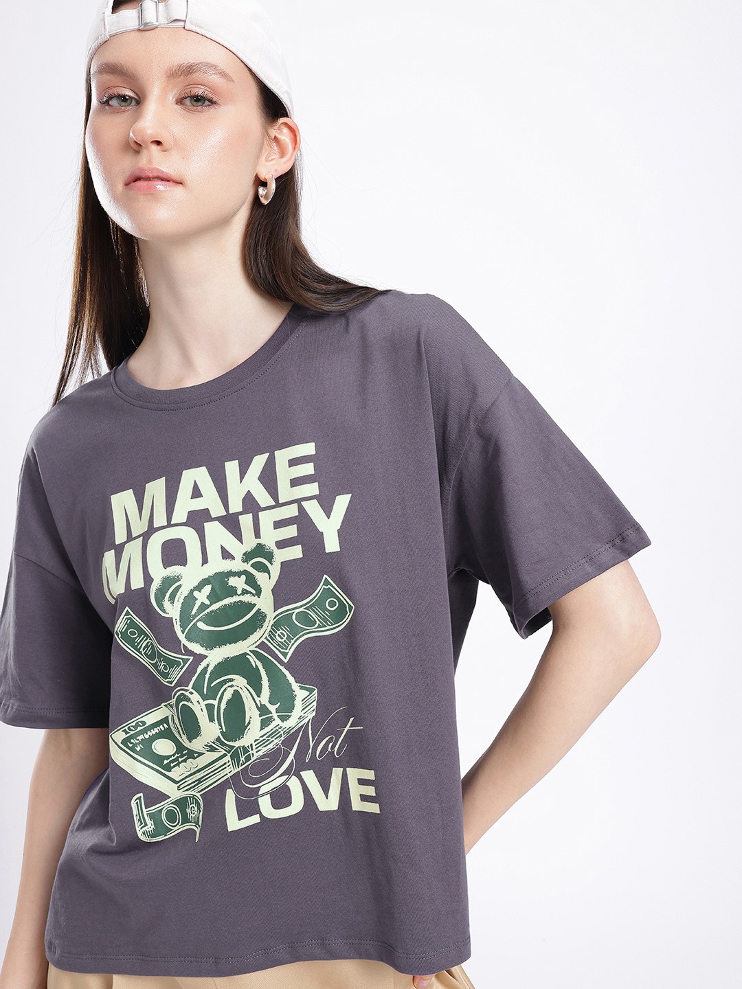 

glitchez Money Mindset Printed Oversized T-shirt, Grey