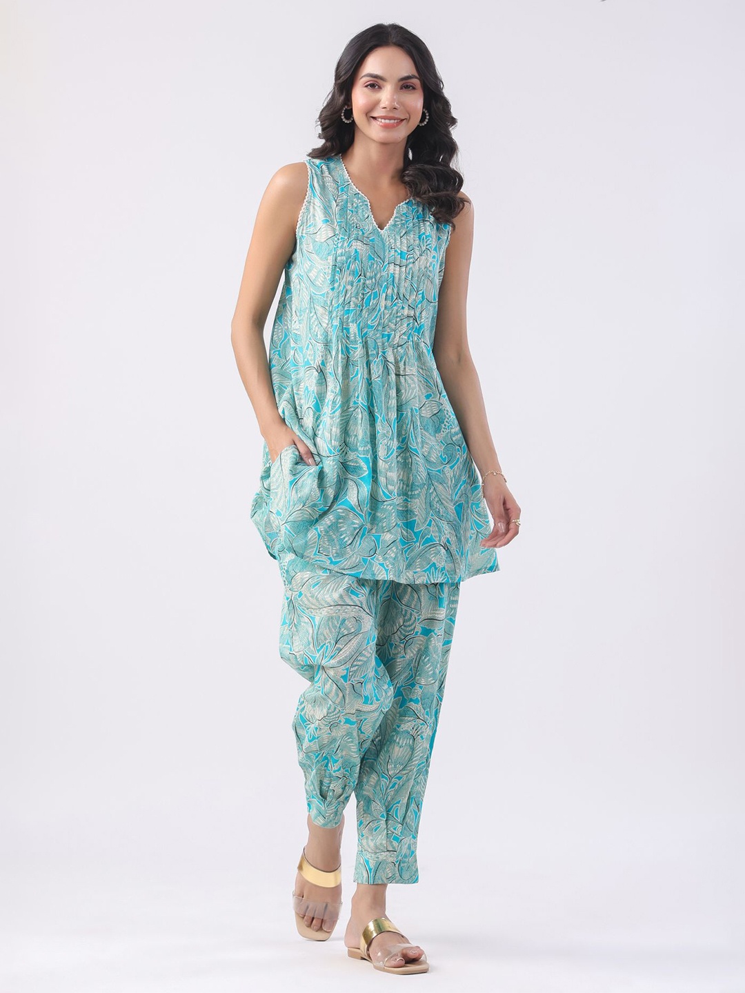 

JISORA Printed Notch Neck Pure Cotton Tunic With Trousers Co-Ords Set, Blue