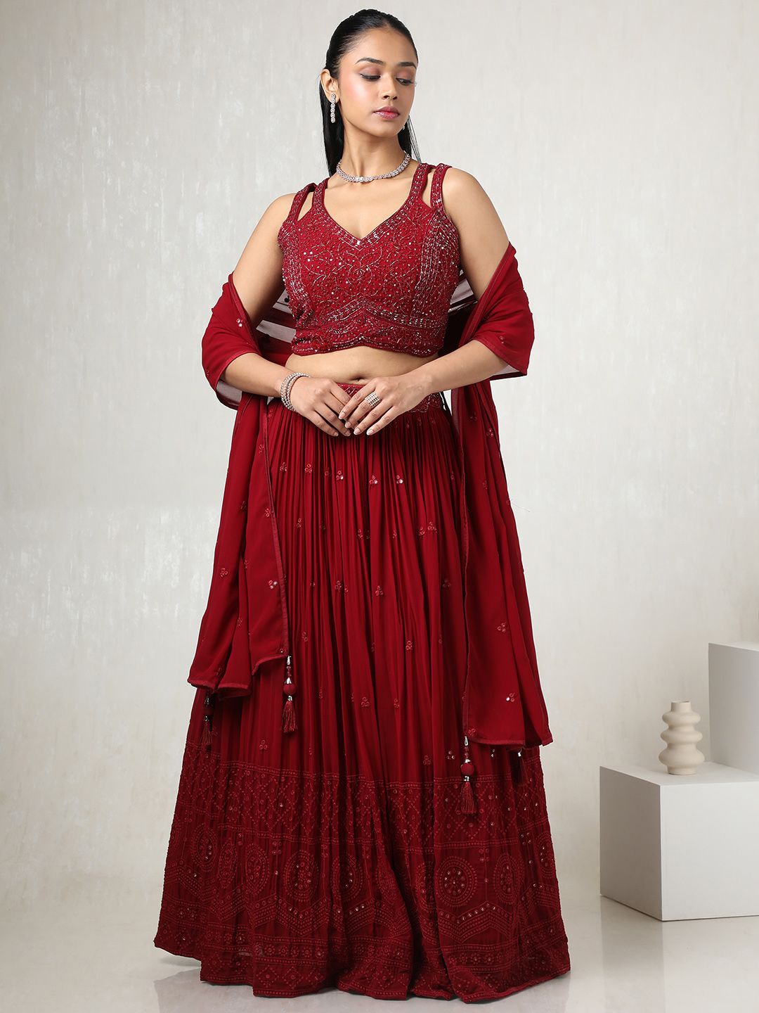 

Soch Embellished Mirror Work Ready to Wear Lehenga & Blouse With Dupatta, Maroon
