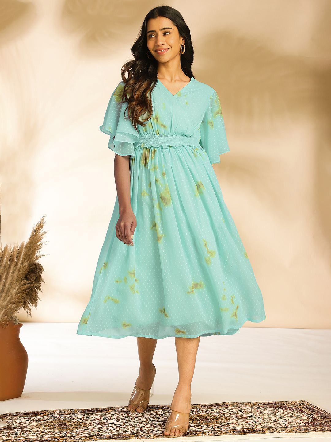

KALINI Flared Sleeve Georgette Fit & Flare Midi Dress, Sea green