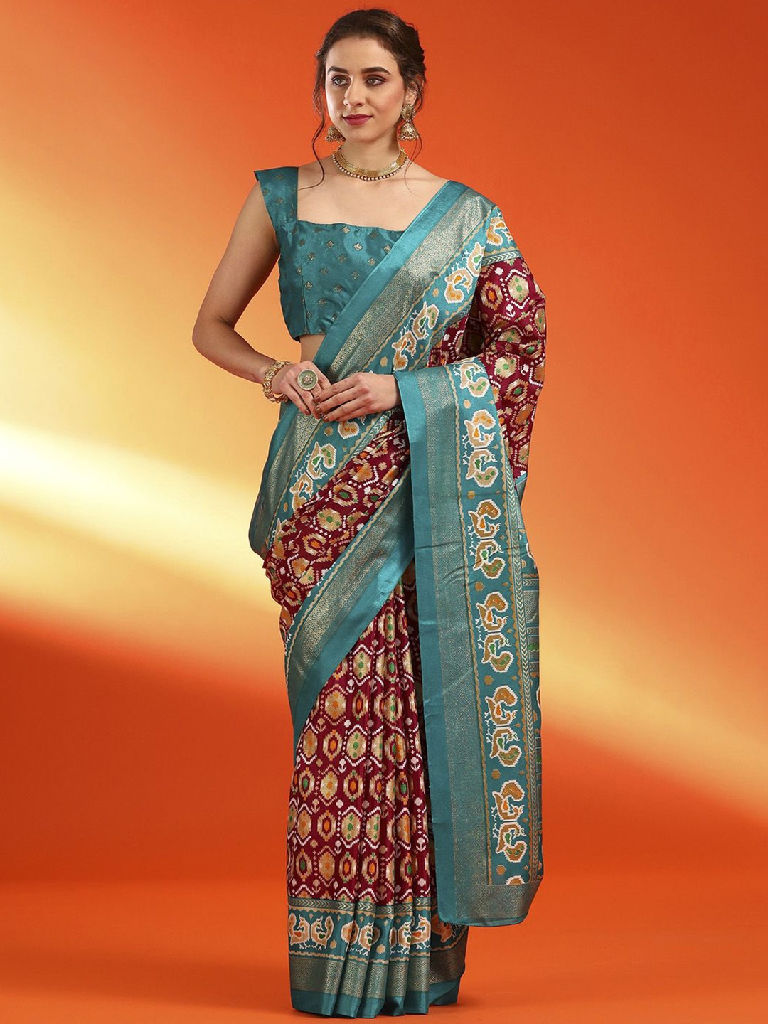 

Mitera Ethnic Motifs Zari Silk Blend Pochampally Saree, Maroon