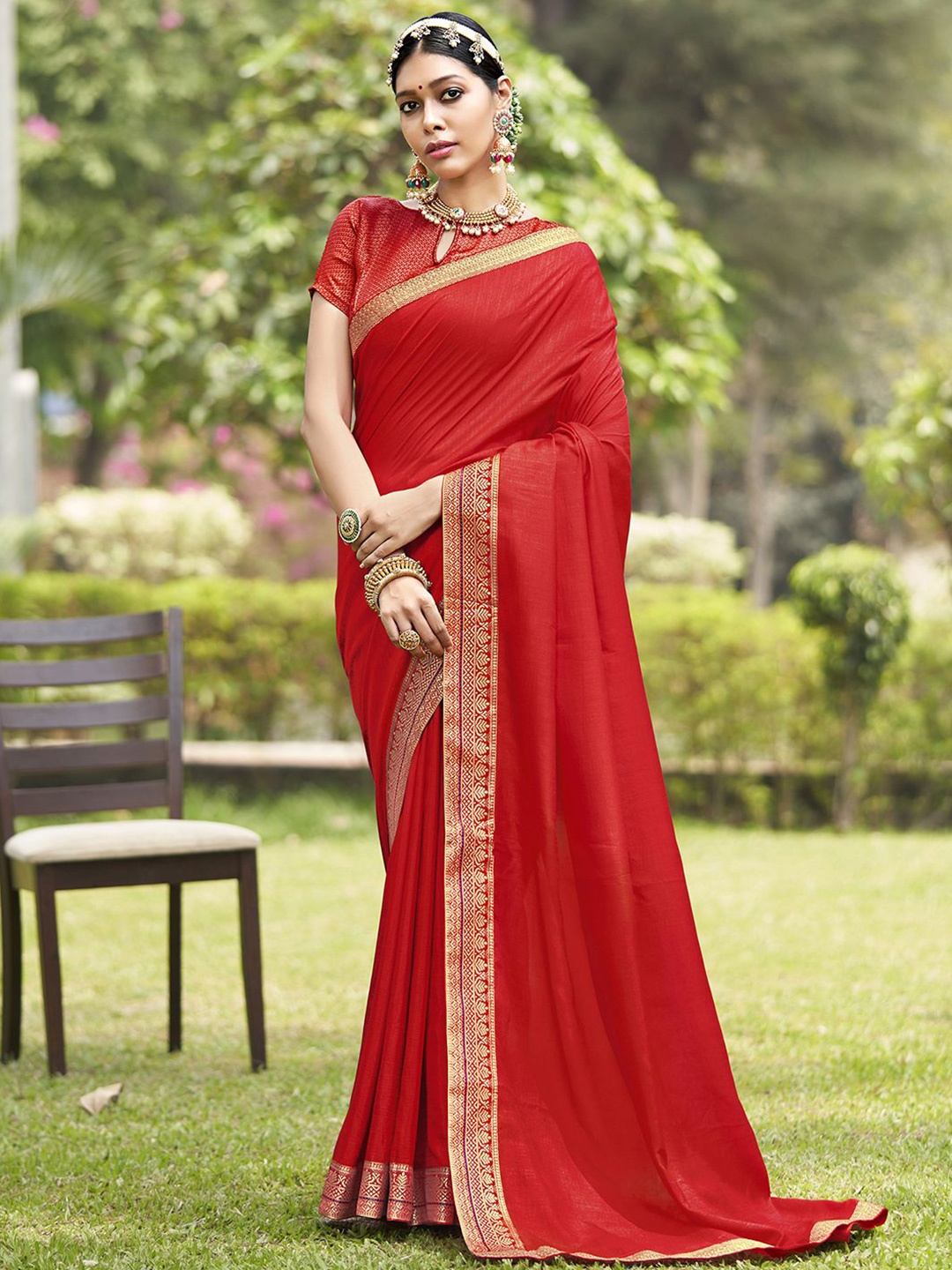 

Anouk Rustic Embroidered Silk Blend Designer Saree, Red