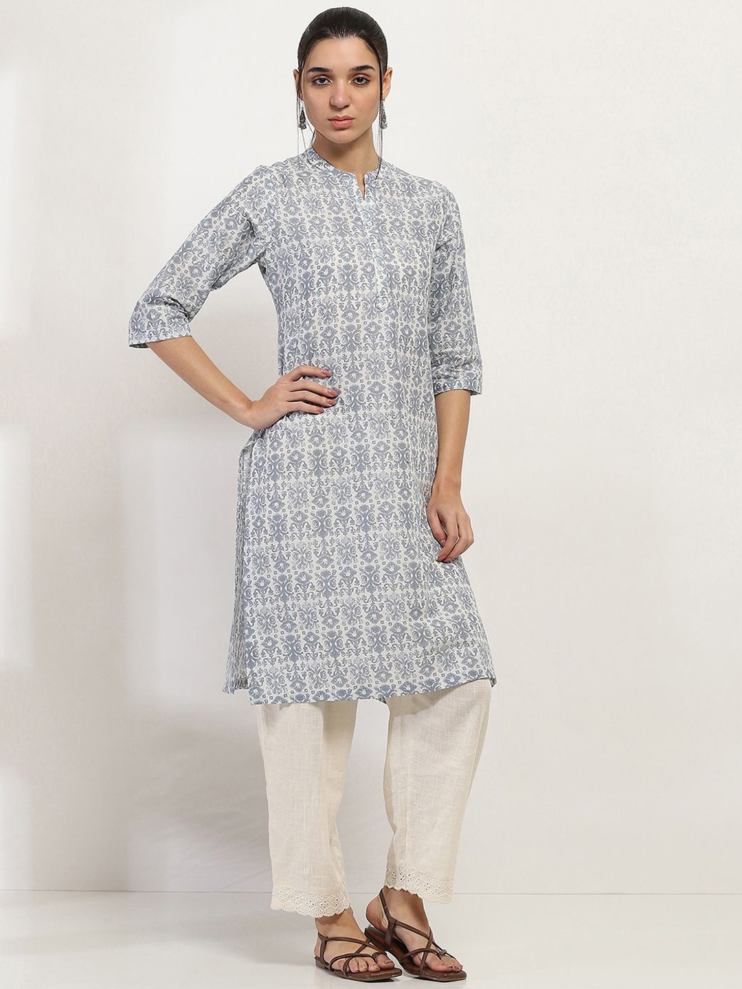 

Rangriti Floral Printed Mandarin Collar Cotton Straight Kurta, White