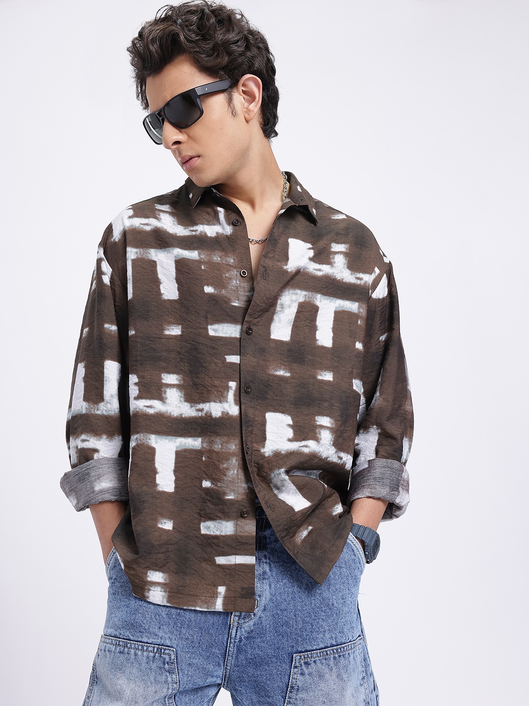 

glitchez Abstract Art Crinkled Relaxed Shirt, Brown