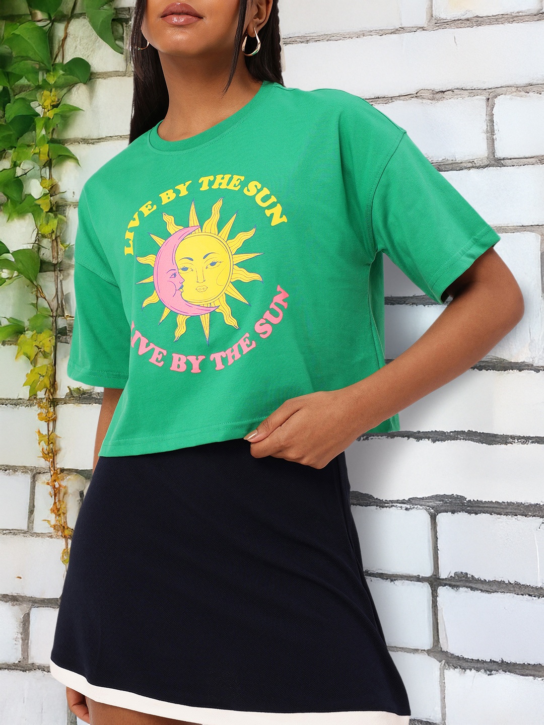 

DressBerry Solar Power Demure Vibes Printed Boxy T-shirt, Green