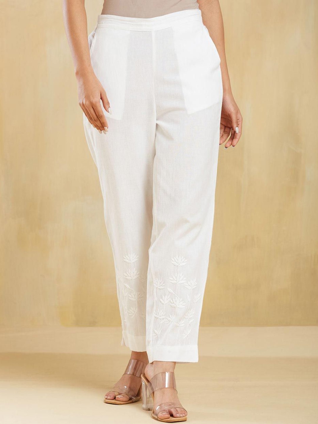 

Fabindia Women Ethnic Motifs Embroidered Slim Fit Trousers, White
