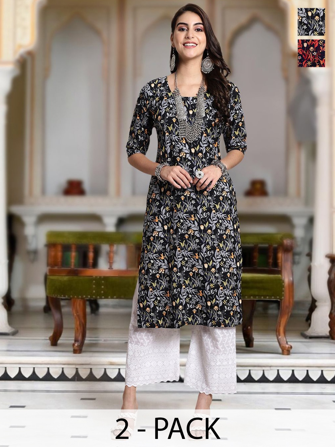 

Moda Rapido Selection Of 2 Floral Printed Round Neck Straight Kurta, Black