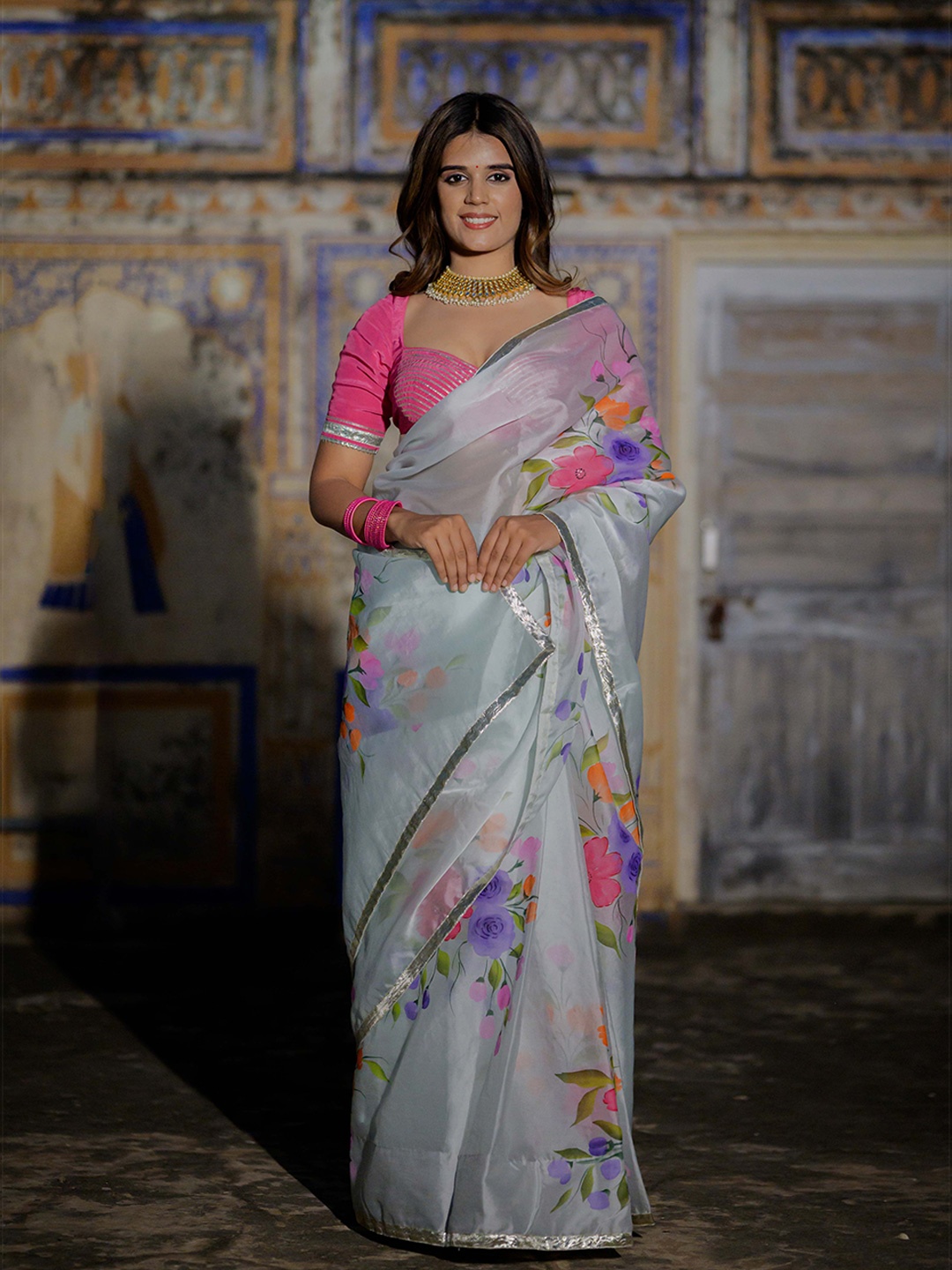 

HOUSE OF BAISA Floral Organza Saree, Blue